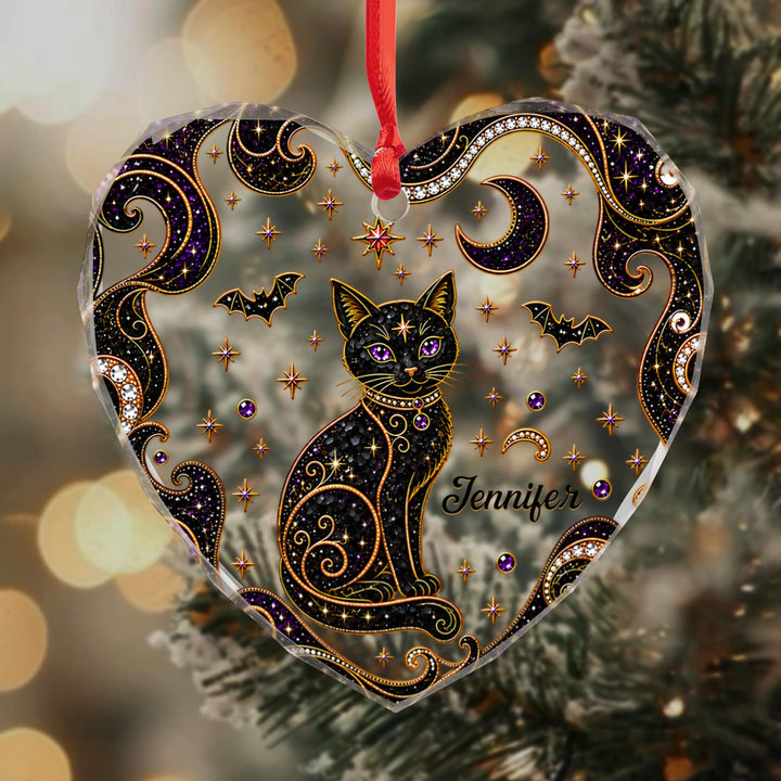 Personalized Black Cat Moon Stars Heart Ornament, Gift For Cat & Halloween Lovers