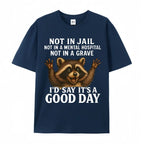 Women's Plus Size Funny Raccoon T-Shirt - "Not in Jail... Good Day" Sarcastic Graphic Tee - Soft Black Casual Top