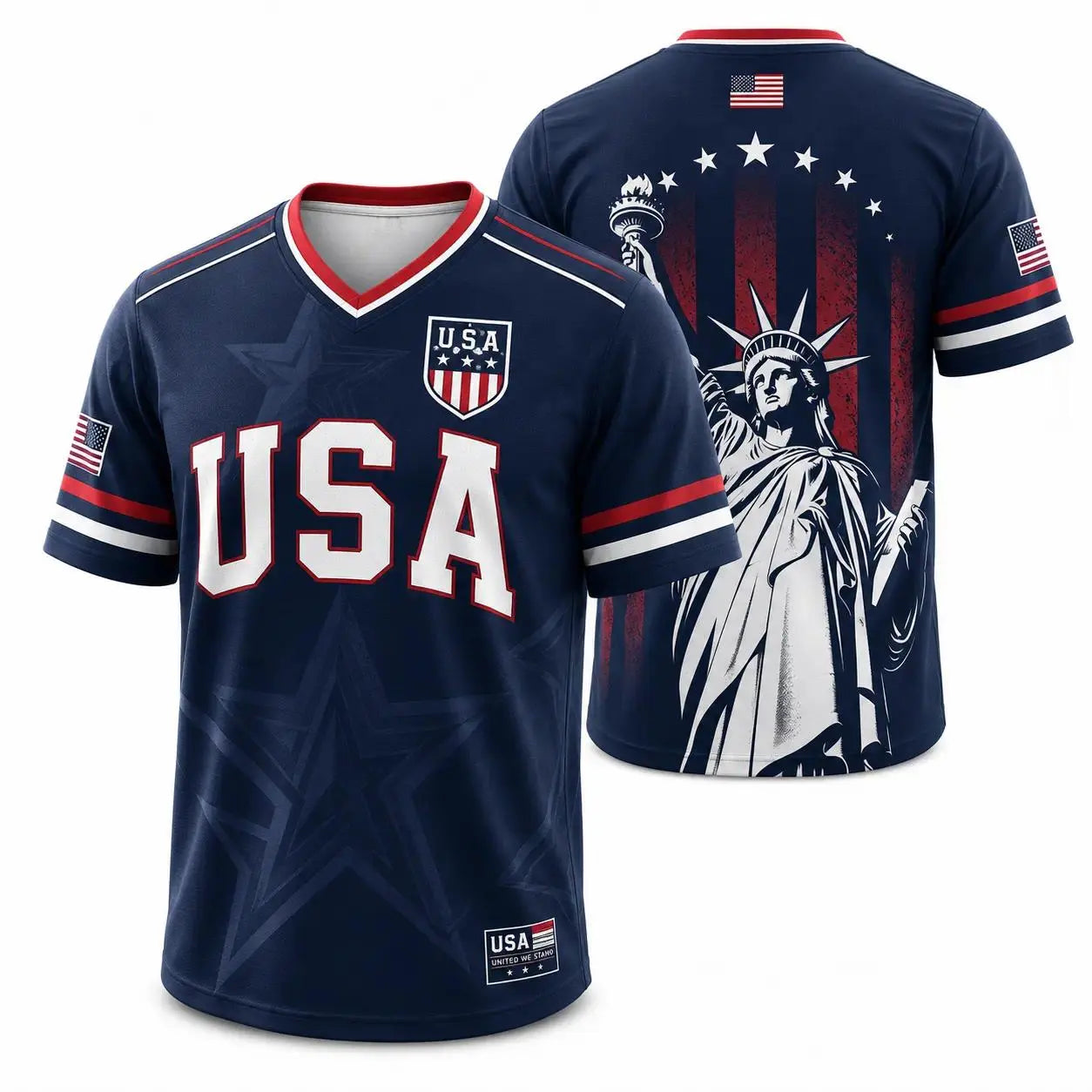 USA Flag Soccer Jersey for Men & Women with Statue of Liberty Graphic V-Neck Athletic Tee