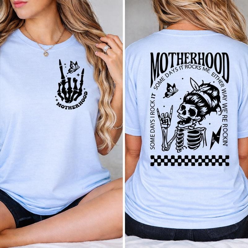 \"Motherhood: Sometimes I Rock It, Sometimes It Rocks Me\" shirt – a perfect unisex cotton tee or sweatshirt for moms, great for Mother's Day!