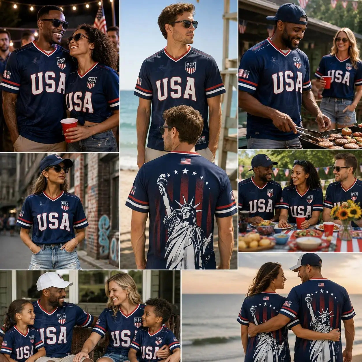 USA Flag Soccer Jersey for Men & Women with Statue of Liberty Graphic V-Neck Athletic Tee