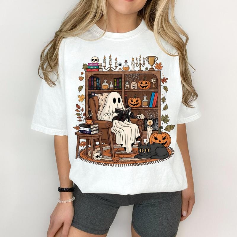 Retro-T-Shirt mit gemütlichem Geistermotiv für Halloween, Sweatshirt mit Adeline-Motiv, Hoodie mit Geistermotiv für die Herbstbibliothek 