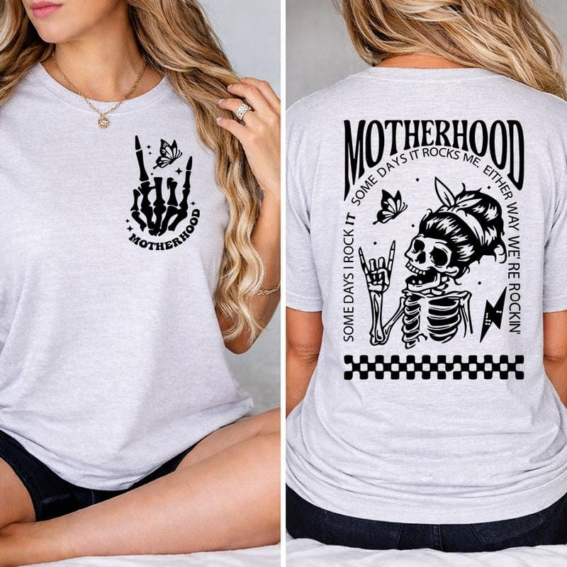 \"Motherhood: Sometimes I Rock It, Sometimes It Rocks Me\" shirt – a perfect unisex cotton tee or sweatshirt for moms, great for Mother's Day!