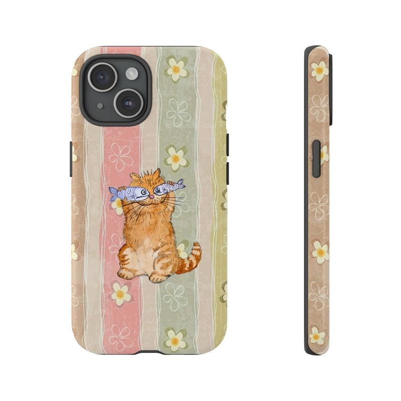 Cute Orange Cat Phone Case with Fish Pastel Pattern Protective Cover Gift for Her Him Many Background Cartoon Phonecover Ocean Sleek Durable UV Printed Shock Resistant TPU Lining