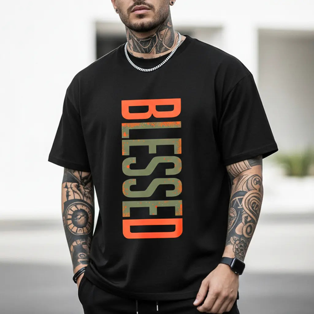 Men's Plus Size Casual Crew Neck T-Shirt - Geometric-Pattern, Smooth Cotton Knit Fabric, Medium Stretch - Short Sleeve Tee for Leisure & Everyday Wear | Breathable Comfort Fit | Machine Washable