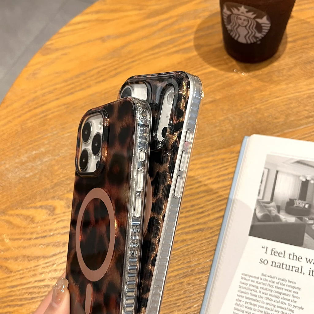 Leopard Cheetah Sparkle MagSafe Case – Glossy Shockproof Silicone Cover for iPhone 17 Pro Max