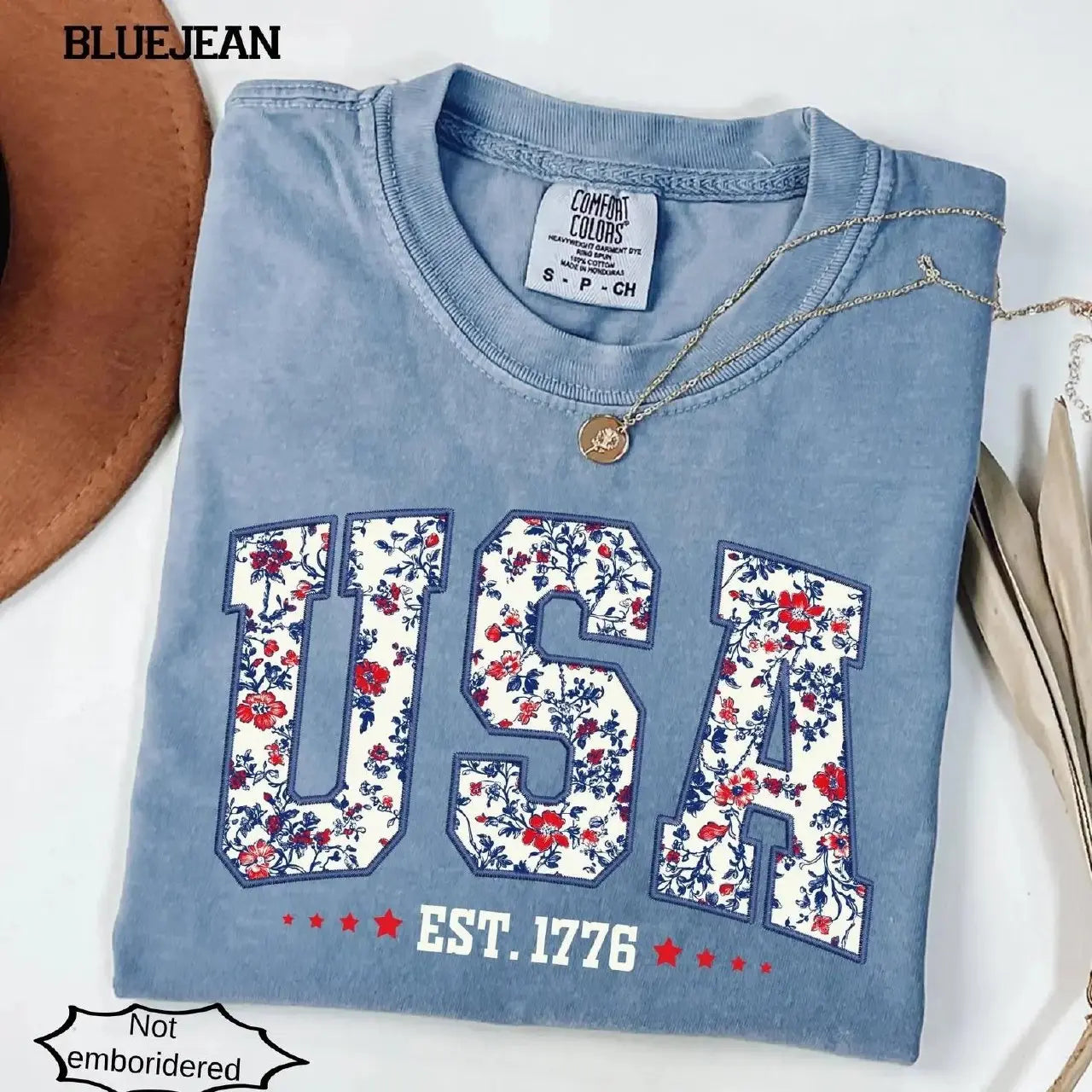 Faux Embroidered Floral USA Shirt | Comfort Colors Retro 4th of July Tee