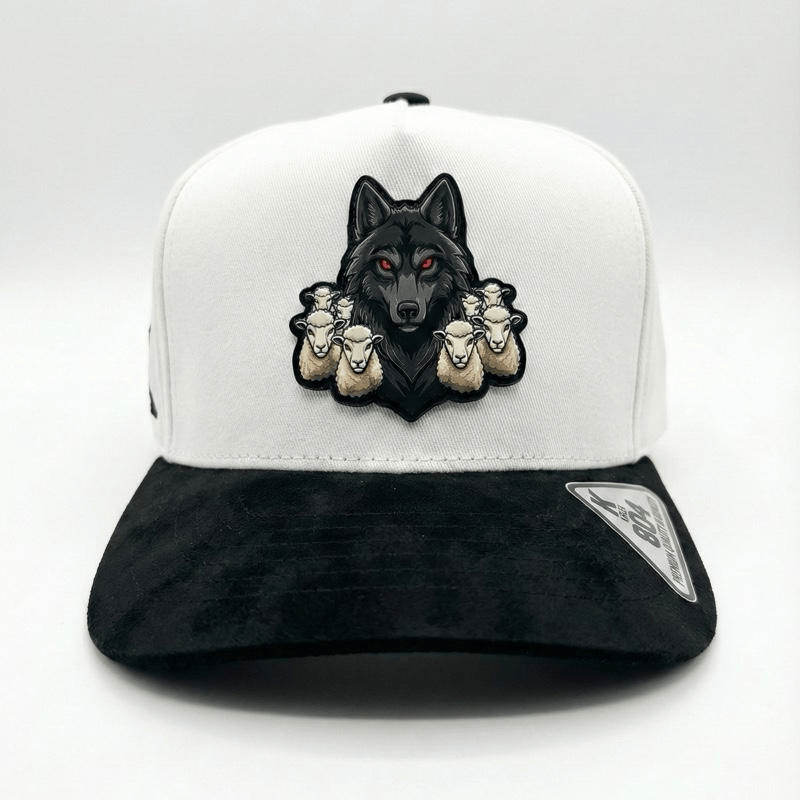 Alpha Wolf Hut Lobo Entre Ovejas Corrido Style Snapback Premium Schwarz-Weiß Kappe mit Wolfsaufnäher