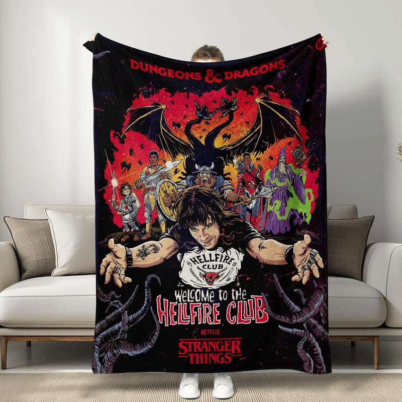 Stranger Things Hellfire Club Dragon & Dungeon Slogan Print Blanket, Vintage Fantasy Illustration, Soft Warm Throw, Home Sofa Decor, Gift for TV Show Fans