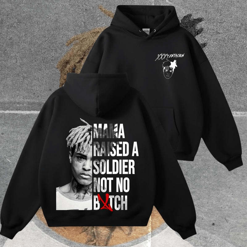 XXXTentacion Hoodie, „Mama Raised A Soldier“-Shirt, Vintage-Rapper-T-Shirt (beidseitig bedruckt), Retro-Tribute-Rapper-Pullover, XXXTentacion Y2K-T-Shirt, Geschenk für Ihn, Streetwear-Top 