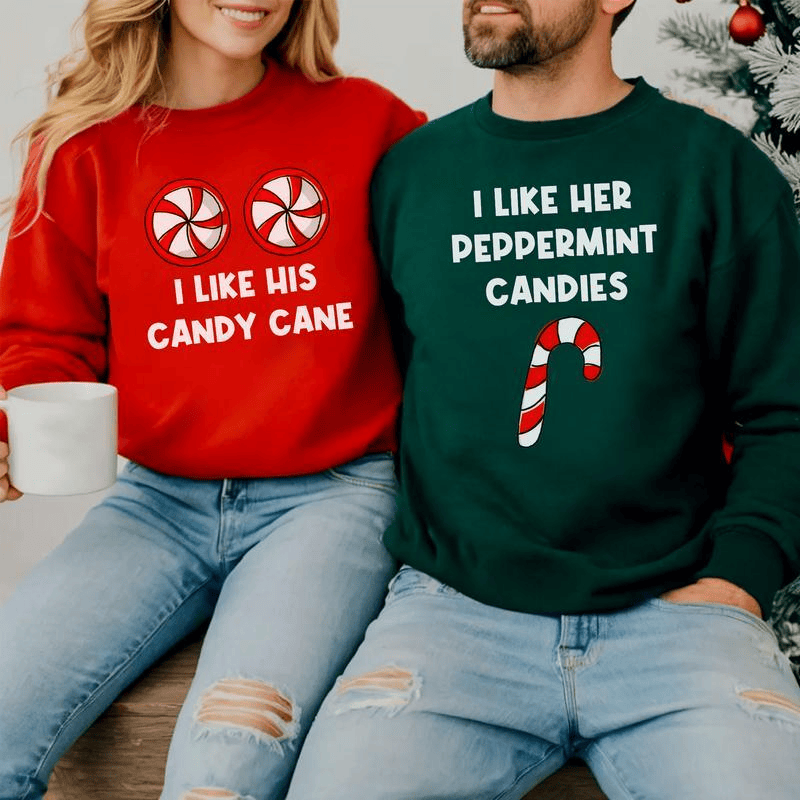 Lustiges Weihnachts-Sweatshirt für Paare: „Ich mag ihre Pfefferminzbonbons“, „Ich mag seine Zuckerstange“. Passende Weihnachts-Sweatshirts für Ehemann und Ehefrau – das perfekte Geschenk! 