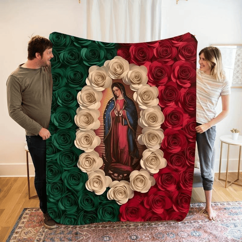 Weiche, lustige Kuscheldecke mit Jungfrau Maria und Rose, Flanelldecke, bequeme Ganzjahresdecke, geeignet zum Nickerchen, Camping, Reisen, farbenfrohes Design mit mexikanischer Flagge, perfektes Geschenk für Freunde und Familie.