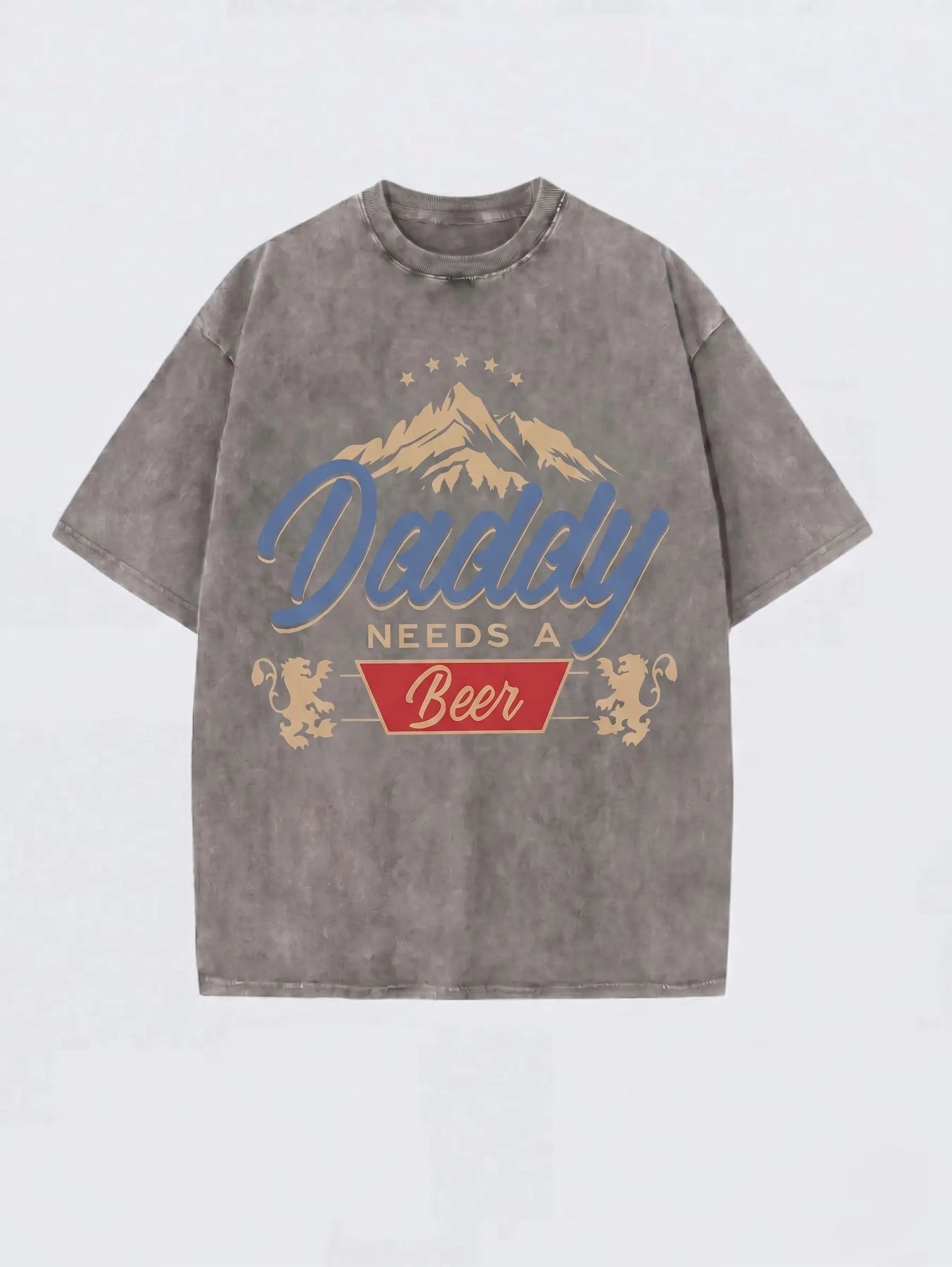 Daddy Needs A Beer Vintage Washed T-Shirt | 230G Heavyweight Cotton | Oversized Boxy Fit Retro Streetwear | Father's Day Gift Idea for Beer Lovers & Outdoor Dads | Acid Wash Charcoal Gray Tee Fabric