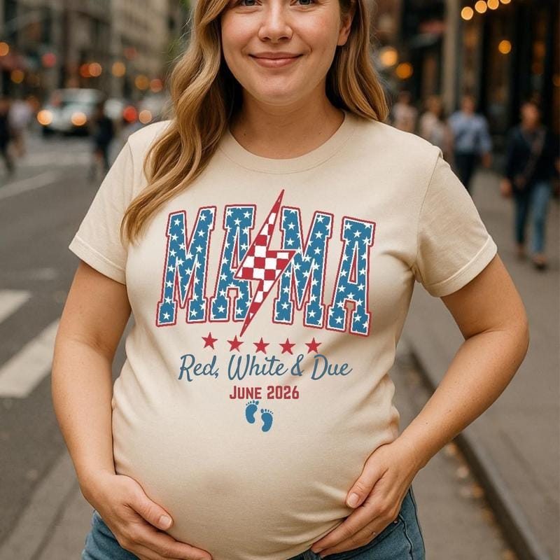 American Mama 4th of July Pregnancy Announcement Shirt Red White & Due Patriotic Maternity Tee July Fourth Cotton Fabric Unisex T-shirt Classic Fit