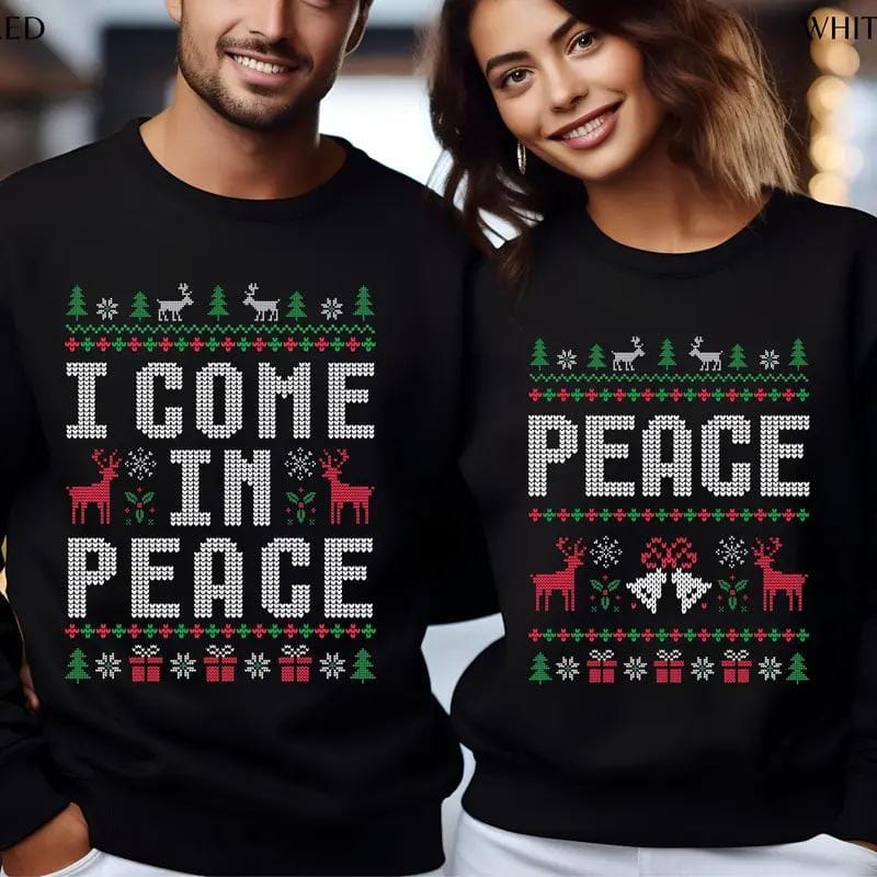 Witzige, kitschige Weihnachtspullover für Paare, süße Partner-Outfits für die Feiertage und der „I Come in Peace“-Sweatshirt für festlichen Style 
