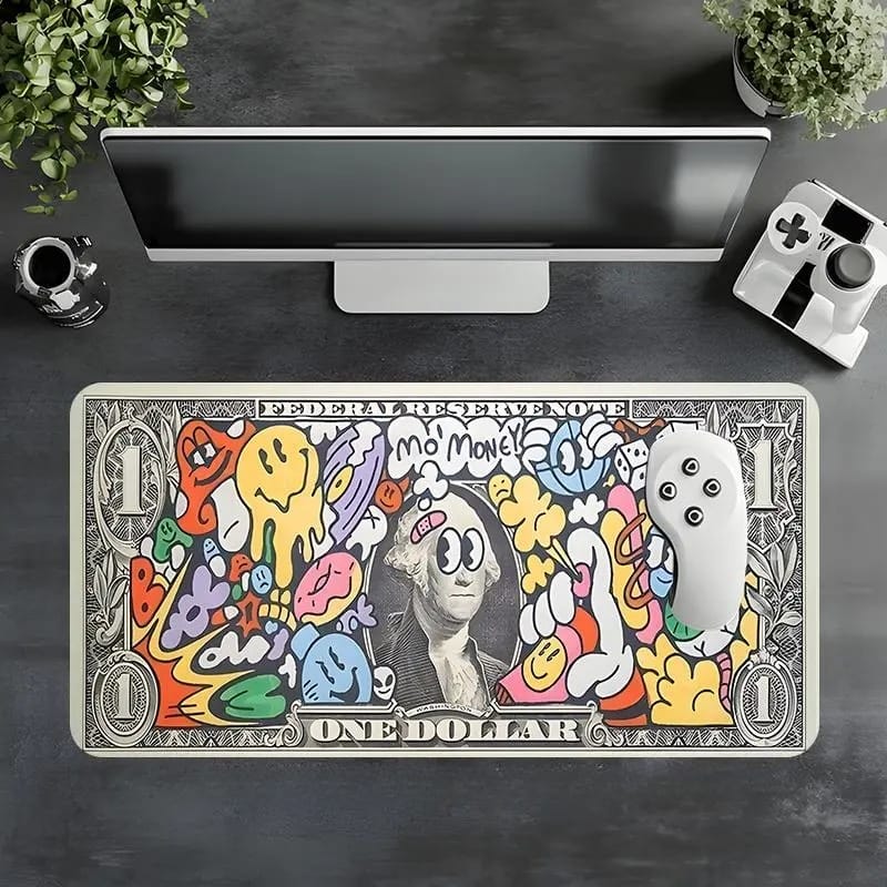 Street Art Dollar Bill Desk Mat – Graffiti Gaming Mouse Pad with Stitched Edges & Non-Slip Base