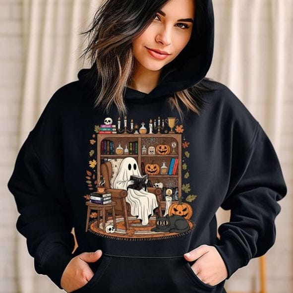 Retro-T-Shirt mit gemütlichem Geistermotiv für Halloween, Sweatshirt mit Adeline-Motiv, Hoodie mit Geistermotiv für die Herbstbibliothek 