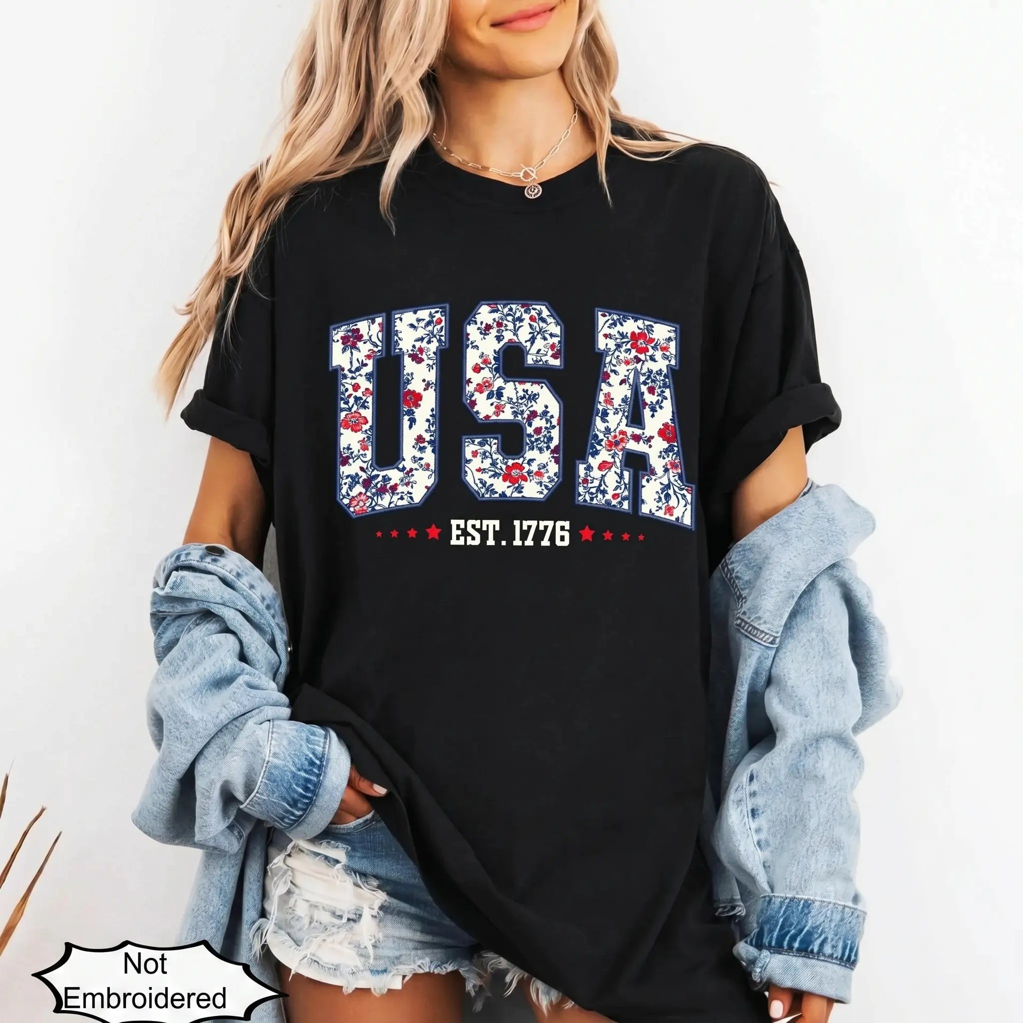 Faux Embroidered Floral USA Shirt | Comfort Colors Retro 4th of July Tee