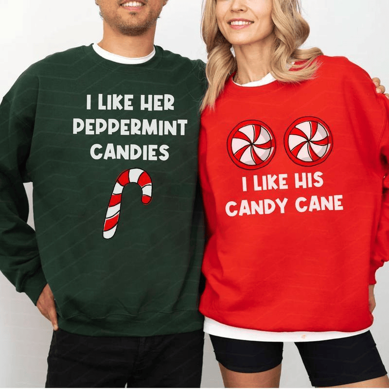 Lustiges Weihnachts-Sweatshirt für Paare: „Ich mag ihre Pfefferminzbonbons“, „Ich mag seine Zuckerstange“. Passende Weihnachts-Sweatshirts für Ehemann und Ehefrau – das perfekte Geschenk! 