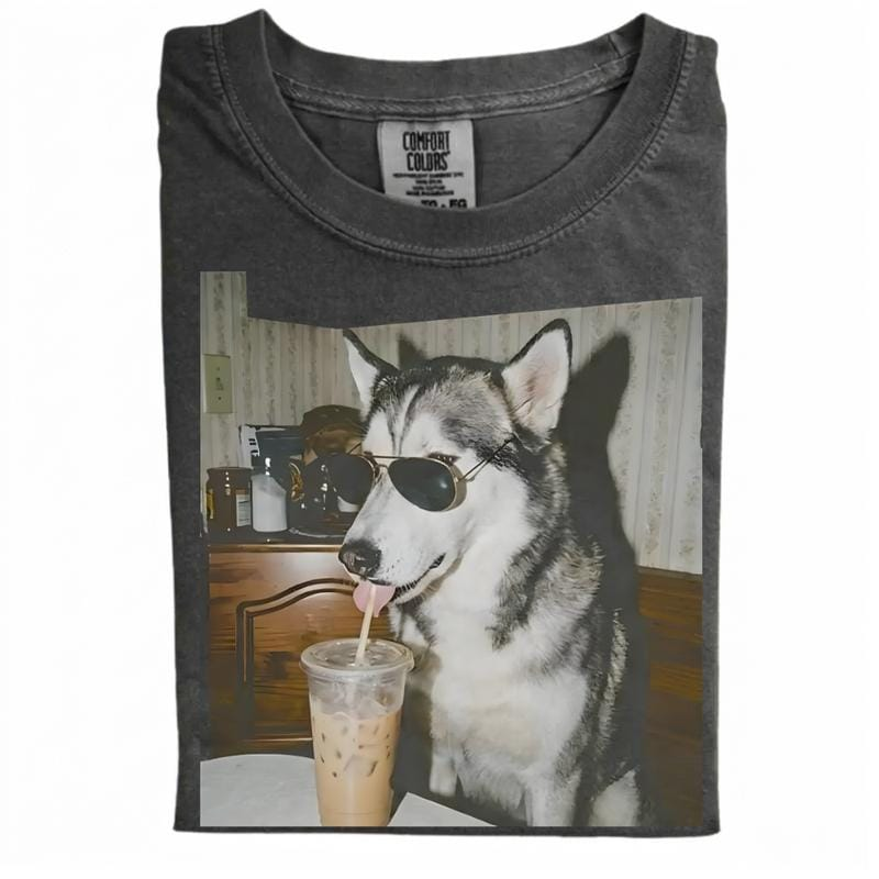 Comfort Colors Dog Drinking Iced Coffee Shirt Vintage 90s Funny Edgy Meme Unisex Tee