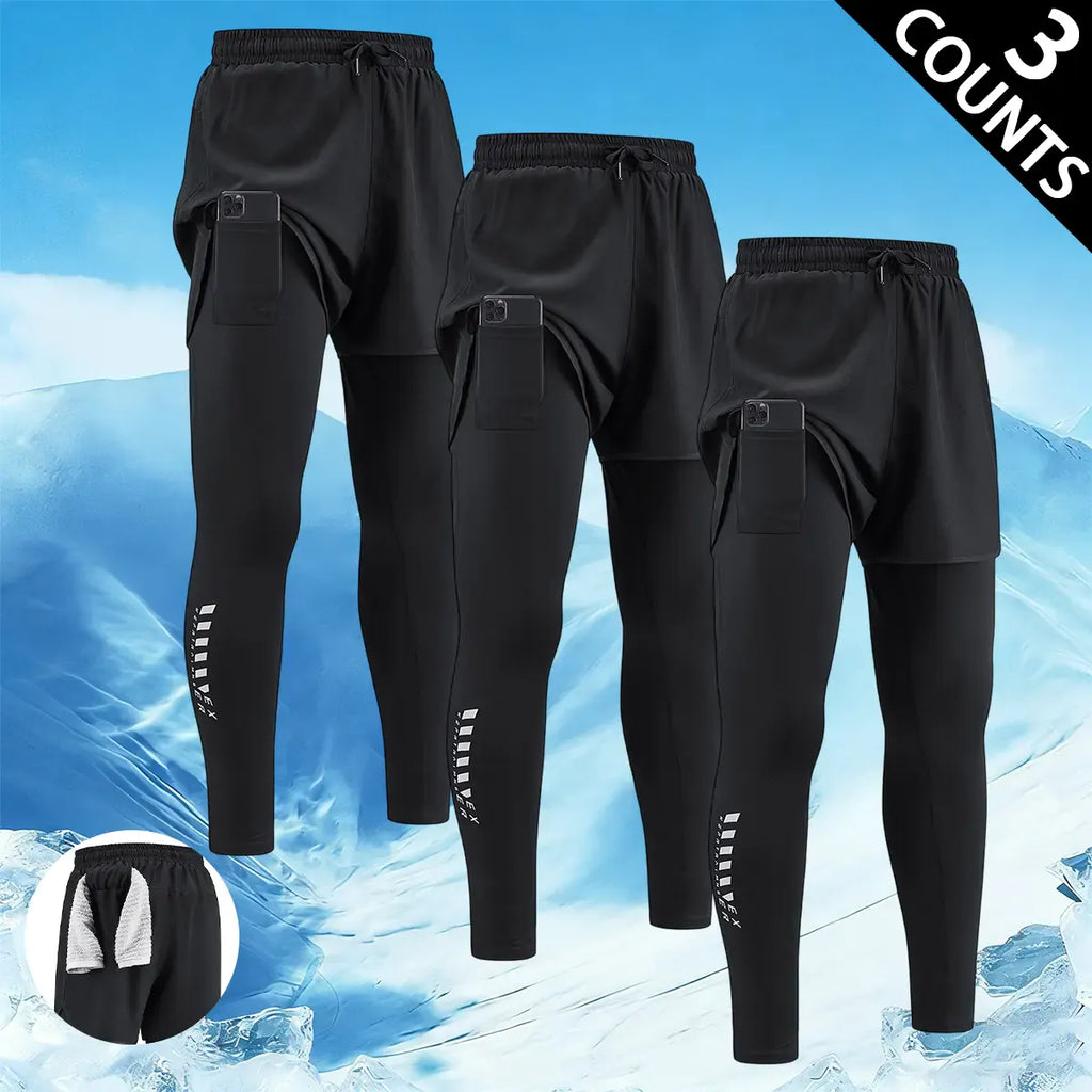 Men's 3-Piece 2-in-1 Running Tights Set - Athletic, Body-Fitting, Multi-Sport Pants with Pockets, Elastic Waistband, Quick-Dry, Breathable, Compression, Sweat-Wicking for Gym, Jogging, Training, Athletic Men's Pants, Body-Fitting Men's Pants