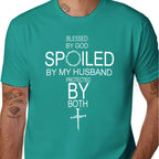 Men's and woman 100% Cotton Short-Sleeve Round Neck Crew Neck T-Shirt, "By God Spoiled By My Husband Protected By Both" Graphic, Casual Chic Minimalist Black Top Unisex