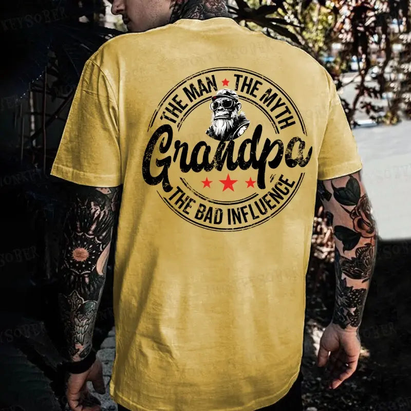 The Man The Myth Grandpa Bad Influence Monkey T Shirt Men Funny Cotton Graphic Tee Summer Casual Streetwear