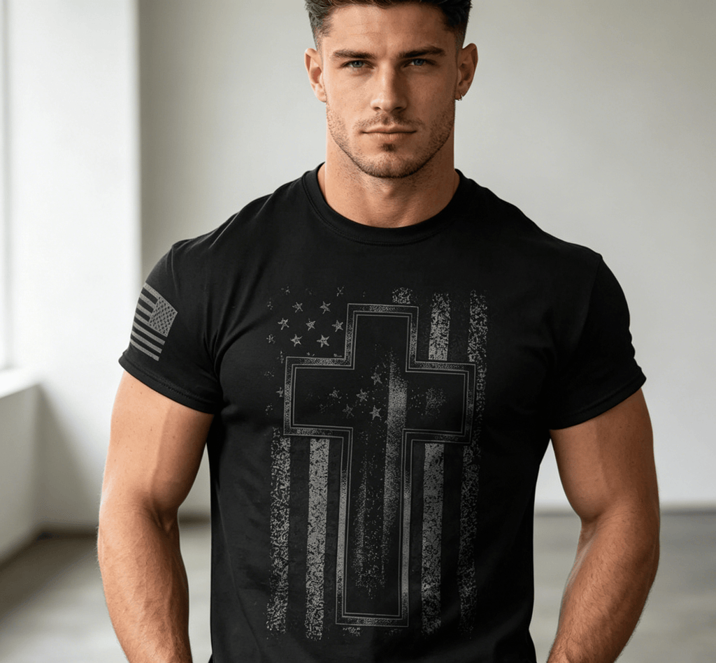 Cross USA Flag T-Shirt Christian Men Faith Gym Christ Casual Cotton Top