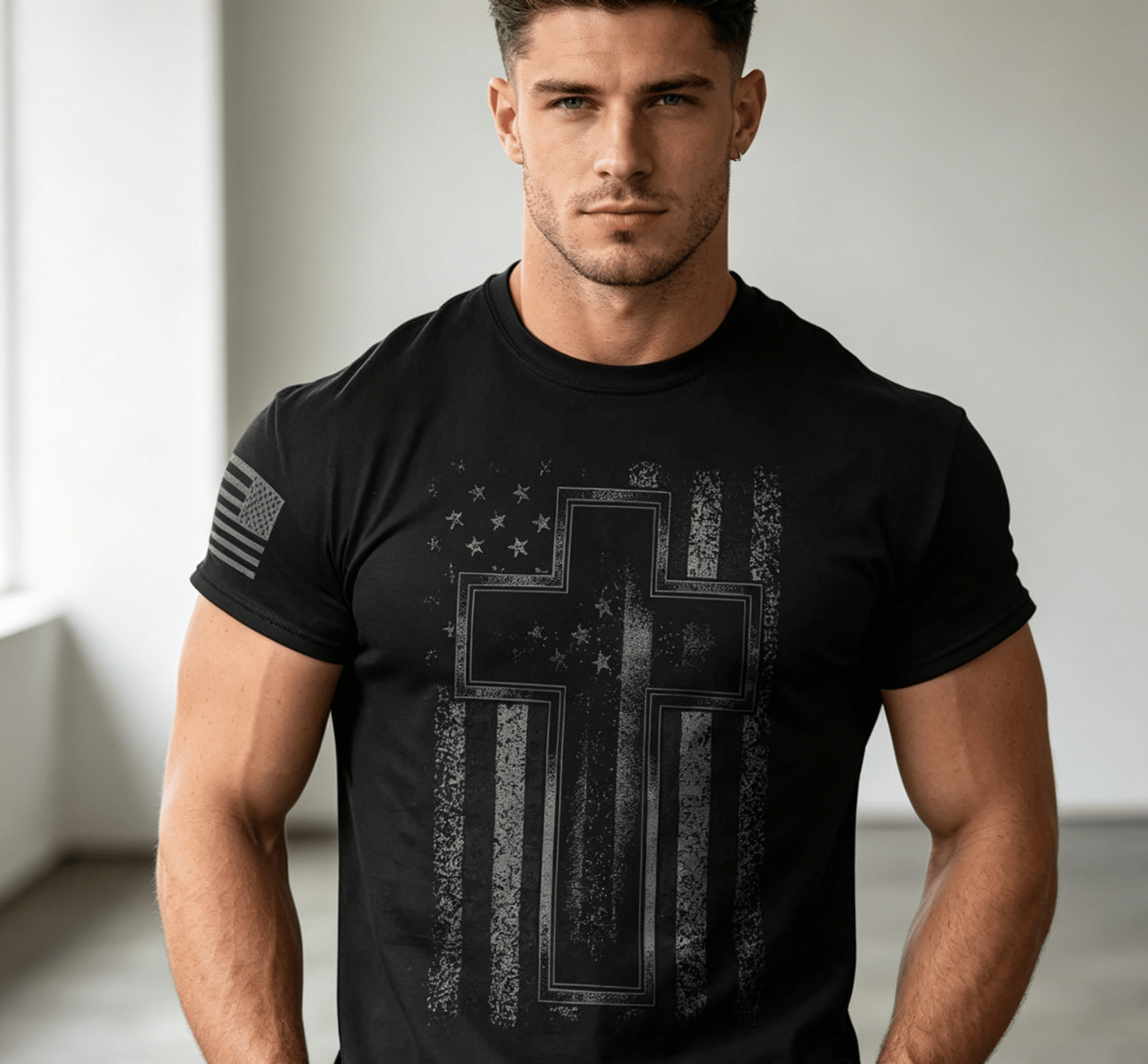 Cross USA Flag T-Shirt Christian Men Faith Gym Christ Casual Cotton Top