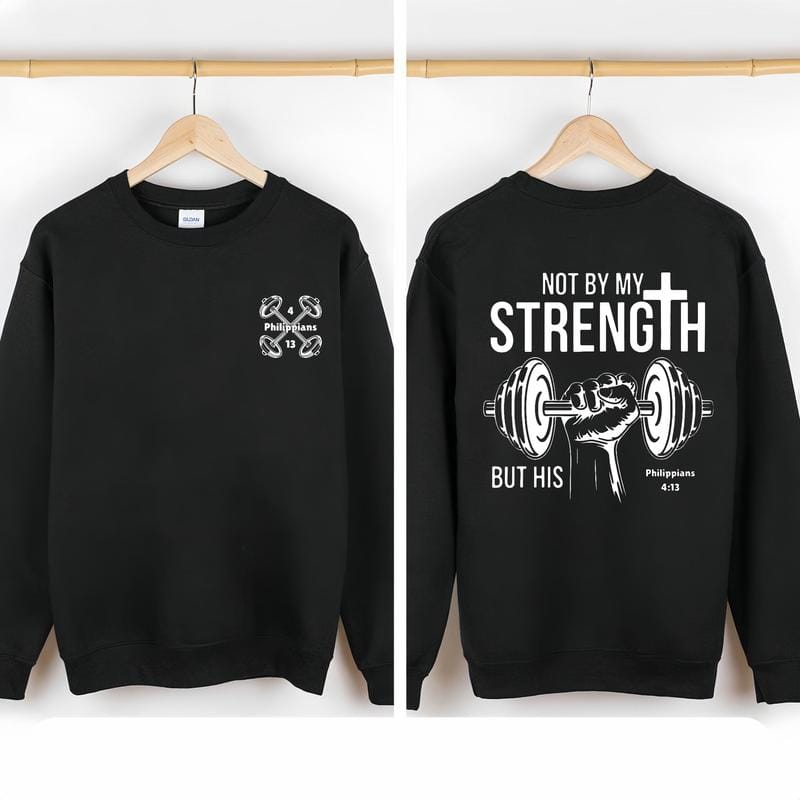 'Not by my strength, but by His' double-sided printed cross and dumbbell pattern