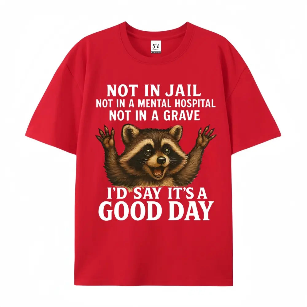 Women's Plus Size Funny Raccoon T-Shirt - "Not in Jail... Good Day" Sarcastic Graphic Tee - Soft Black Casual Top