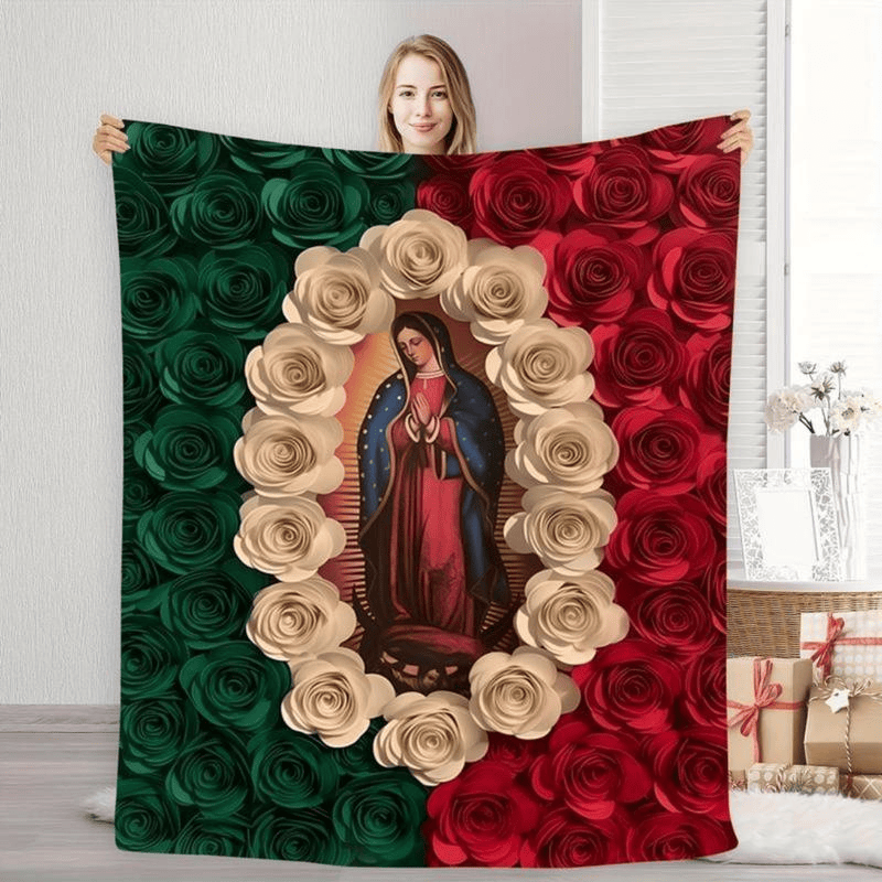 Weiche, lustige Kuscheldecke mit Jungfrau Maria und Rose, Flanelldecke, bequeme Ganzjahresdecke, geeignet zum Nickerchen, Camping, Reisen, farbenfrohes Design mit mexikanischer Flagge, perfektes Geschenk für Freunde und Familie.