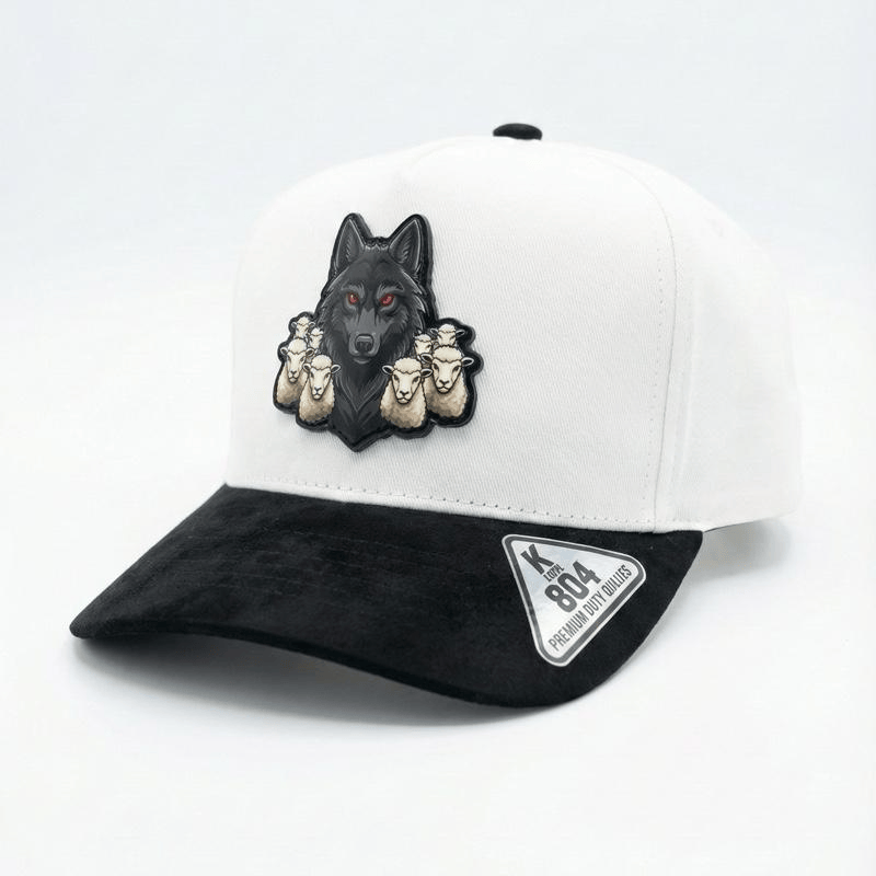 Alpha Wolf Hut Lobo Entre Ovejas Corrido Style Snapback Premium Schwarz-Weiß Kappe mit Wolfsaufnäher