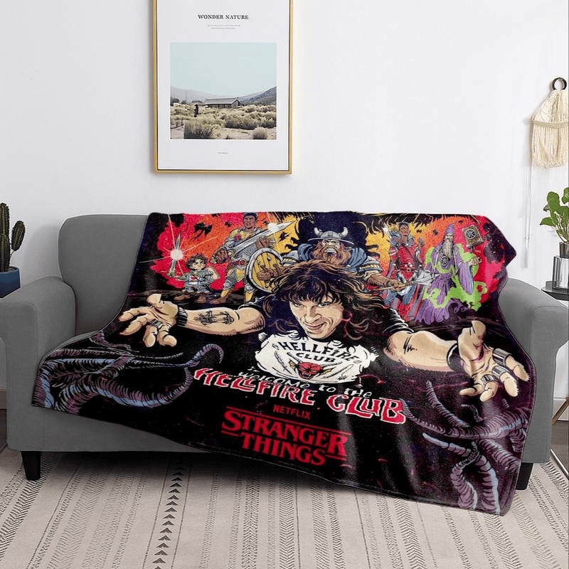 Stranger Things Hellfire Club Dragon & Dungeon Slogan Print Blanket, Vintage Fantasy Illustration, Soft Warm Throw, Home Sofa Decor, Gift for TV Show Fans