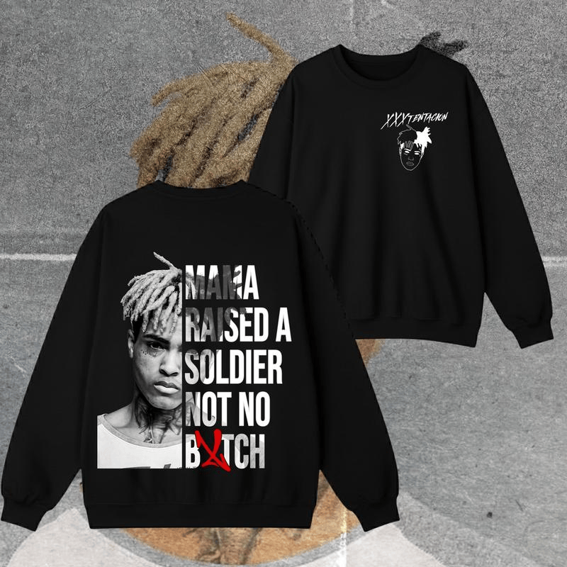 XXXTentacion Hoodie, „Mama Raised A Soldier“-Shirt, Vintage-Rapper-T-Shirt (beidseitig bedruckt), Retro-Tribute-Rapper-Pullover, XXXTentacion Y2K-T-Shirt, Geschenk für Ihn, Streetwear-Top 