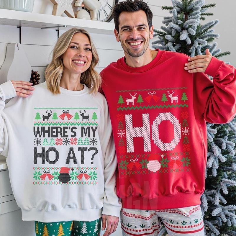 Lustige Weihnachtspullover für Paare, „Where's My Ho At“- und „Ho“-Weihnachtspullover, Partnerlook-Shirts für die Weihnachtsfeier, Partnerlook-Shirts für Ehepaare 