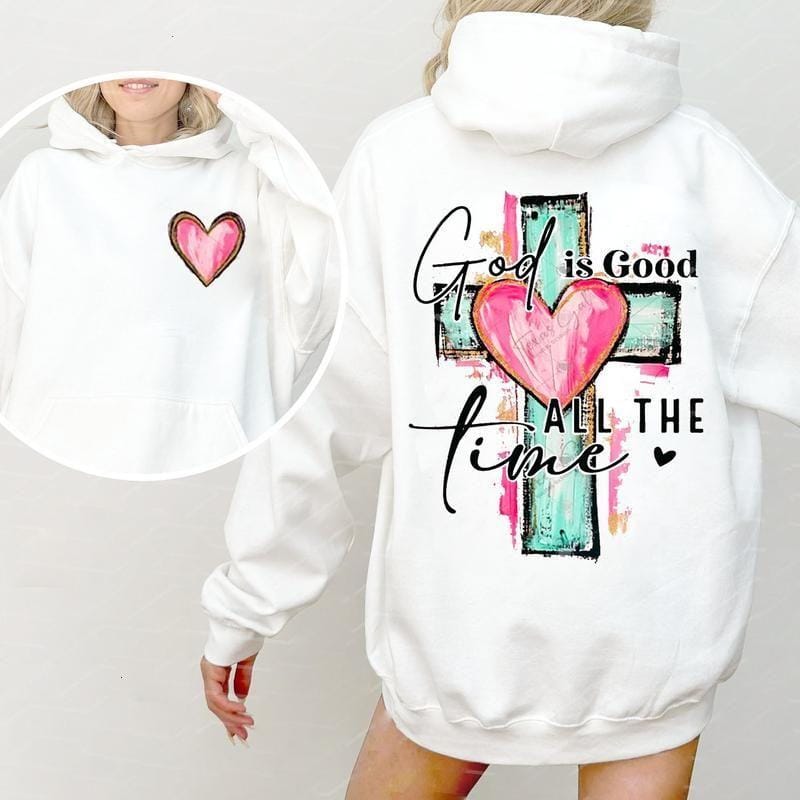 Hoodie „Gott ist immer gut“ mit handgezeichnetem Kreuzmotiv 