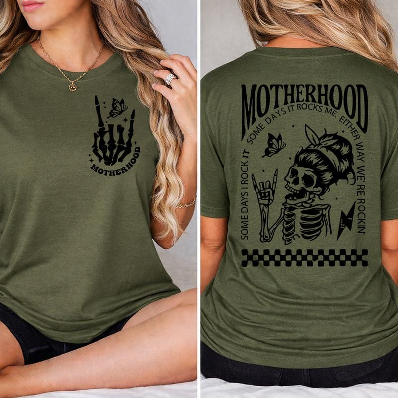\"Motherhood: Sometimes I Rock It, Sometimes It Rocks Me\" shirt – a perfect unisex cotton tee or sweatshirt for moms, great for Mother's Day!