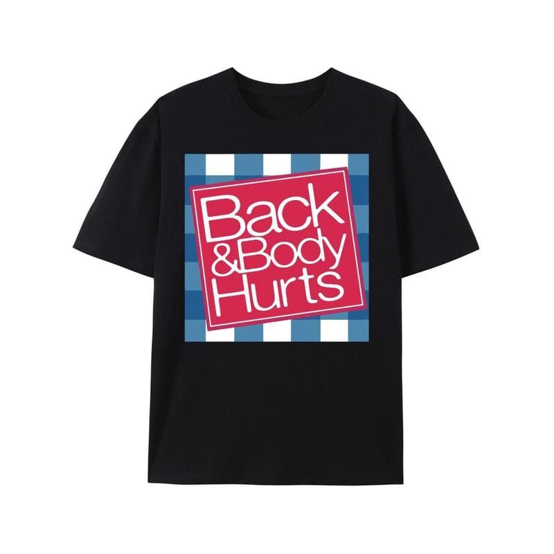 Lässiges Kurzarm-T-Shirt mit Grafikprint für Herren – ideal für Sommer und Frühling. Der witzige Aufdruck „Rücken und Körper schmerzen“ macht's möglich.