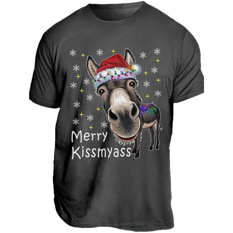 Lustige Weihnachtsmannmütze mit Eselmotiv und T-Shirt mit dem Aufdruck „MERRY KISSMYASS“ – Unisex-Freizeit-T-Shirt – Humorvolles Outfit für die Weihnachtsfeier 