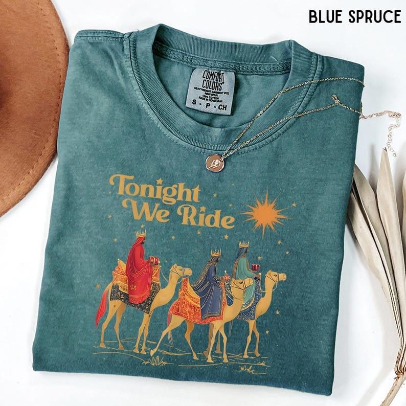 Comfort Colors® Retro Tonight We Ride Christmas Christian Quote T-Shirt, Three Wise Men Christian Shirt, Christmas Faith Gift, Xmas Gift