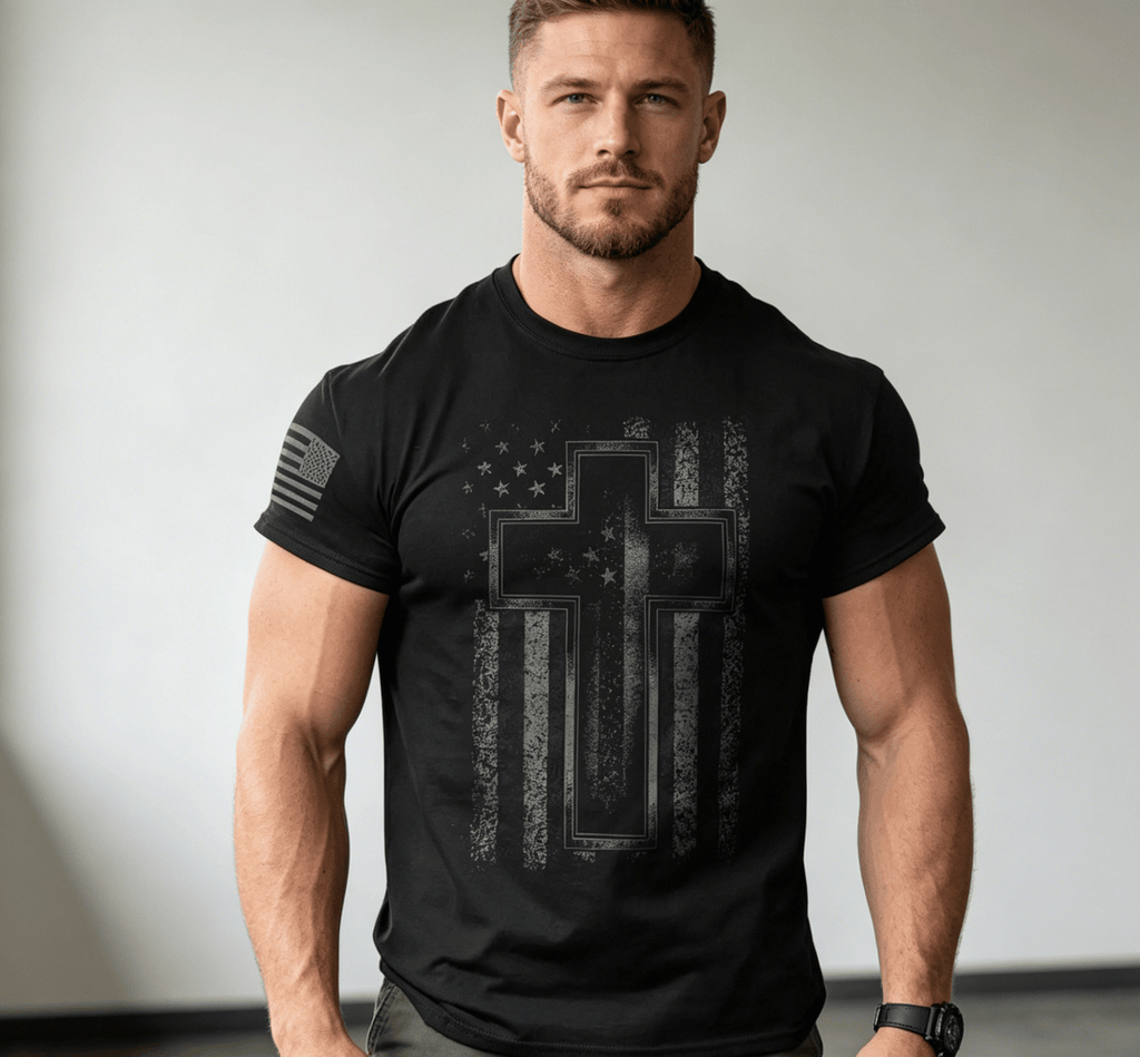 Cross USA Flag T-Shirt Christian Men Faith Gym Christ Casual Cotton Top
