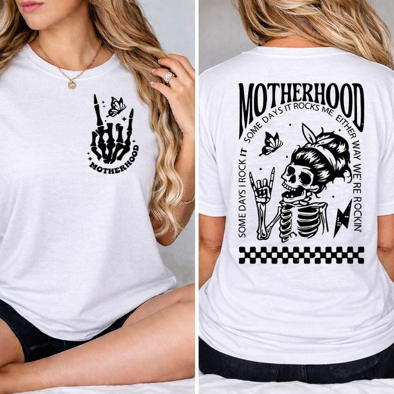\"Motherhood: Sometimes I Rock It, Sometimes It Rocks Me\" shirt – a perfect unisex cotton tee or sweatshirt for moms, great for Mother's Day!