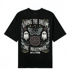 Women's Soft Fabric Vintage-Inspired Streetwear Short-Sleeve T-Shirt - "Living The Dream 1 Nightmare At A Time" Graphic, Loose Casual Chic Everyday Tee, Spring Glow Up, Outdoor Fun
