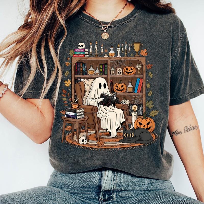 Retro-T-Shirt mit gemütlichem Geistermotiv für Halloween, Sweatshirt mit Adeline-Motiv, Hoodie mit Geistermotiv für die Herbstbibliothek 