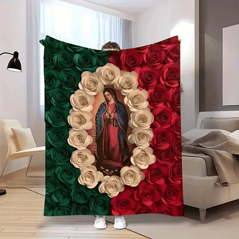 Weiche, lustige Kuscheldecke mit Jungfrau Maria und Rose, Flanelldecke, bequeme Ganzjahresdecke, geeignet zum Nickerchen, Camping, Reisen, farbenfrohes Design mit mexikanischer Flagge, perfektes Geschenk für Freunde und Familie.