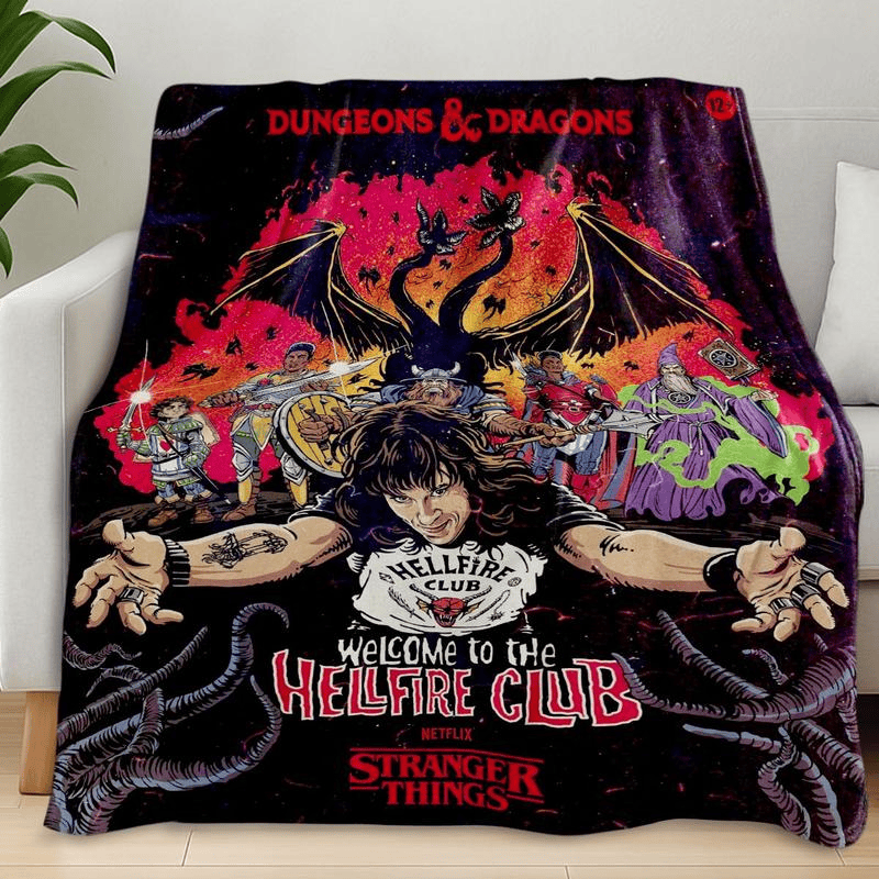 Stranger Things Hellfire Club Dragon & Dungeon Slogan Print Blanket, Vintage Fantasy Illustration, Soft Warm Throw, Home Sofa Decor, Gift for TV Show Fans