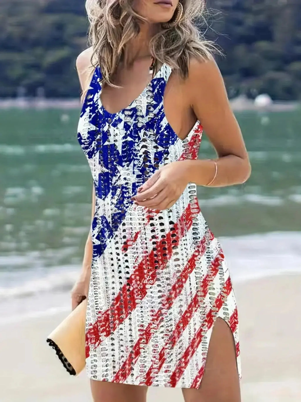 Women's American Flag Pattern Hollow Out Split Thigh Tank Dress, Star & Striped Print Scoop Neck A Line Dress for Summer, Fashion Women's Dress for Beach Holiday