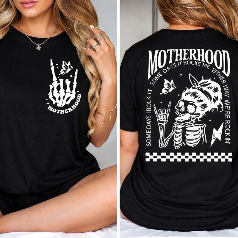 \"Motherhood: Sometimes I Rock It, Sometimes It Rocks Me\" shirt – a perfect unisex cotton tee or sweatshirt for moms, great for Mother's Day!