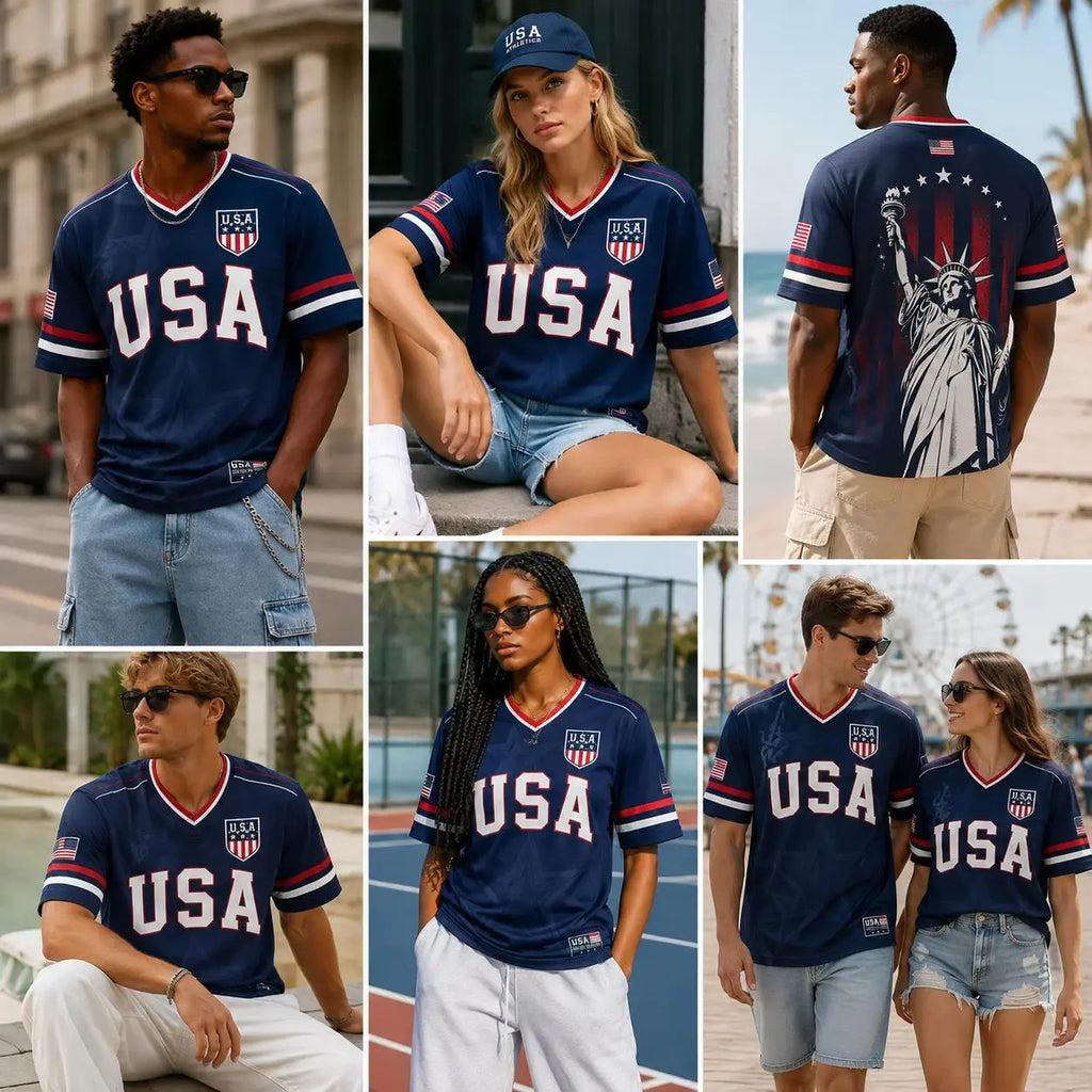 USA Flag Soccer Jersey for Men & Women with Statue of Liberty Graphic V-Neck Athletic Tee